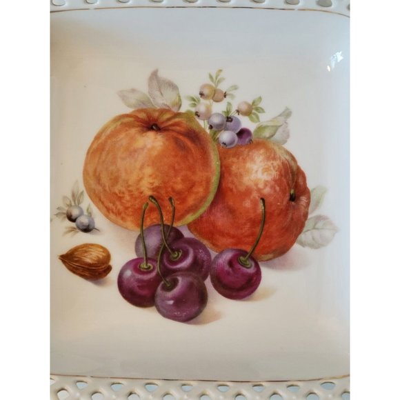Vintage Schumann Porcelain Fruit Square Pierced Rim Bowl Schumann Bavaria - Picture 3 of 9